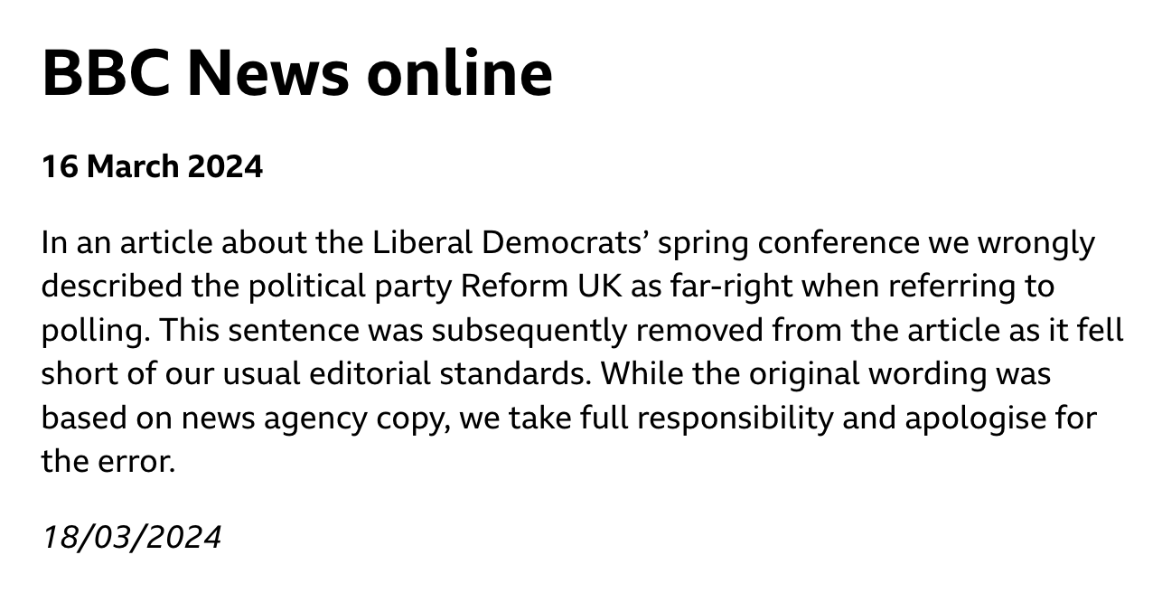 BBC apology statement for calling Reform UK 'far right'